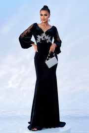 Black V-Neck Mermaid Velvet Evening Dresses with Long Sleeves