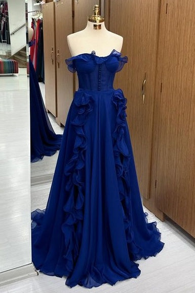 Glamorous Sweep Train Strapless A-Line Tulle Prom Dresses