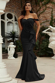 Black Off-The-Shoulder Mermaid Satin Evening Dresses with Handmade Flower