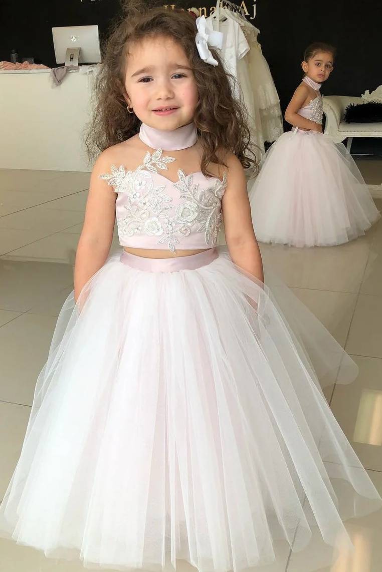 Halter Two-Piece A-Line Tulle Flower Girl Dresses with Appliques