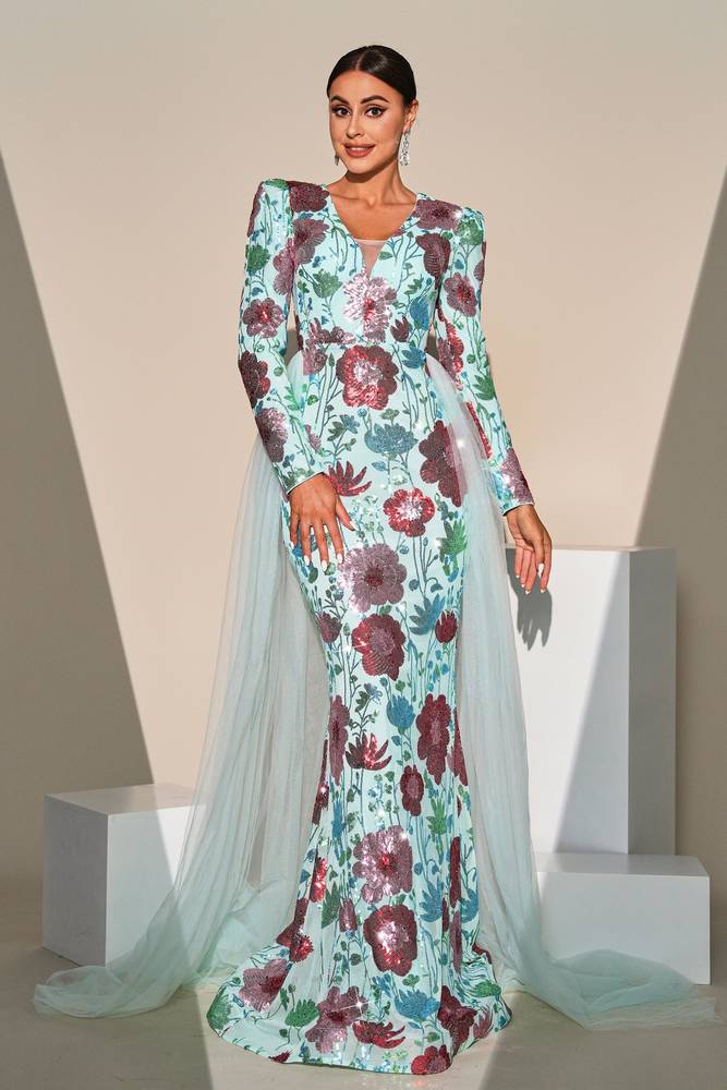 Mint Green V-Neck Mermaid Sequin Tulle Evening Dresses with Long Sleeves