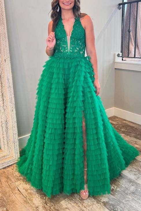 Emerald Tiered V-Neck A-Line Tulle Prom Dresses with Slit