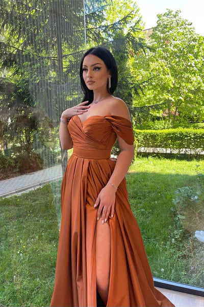 Fabulous A-Line Off-The-Shoulder Satin Formal Dresses with Slit