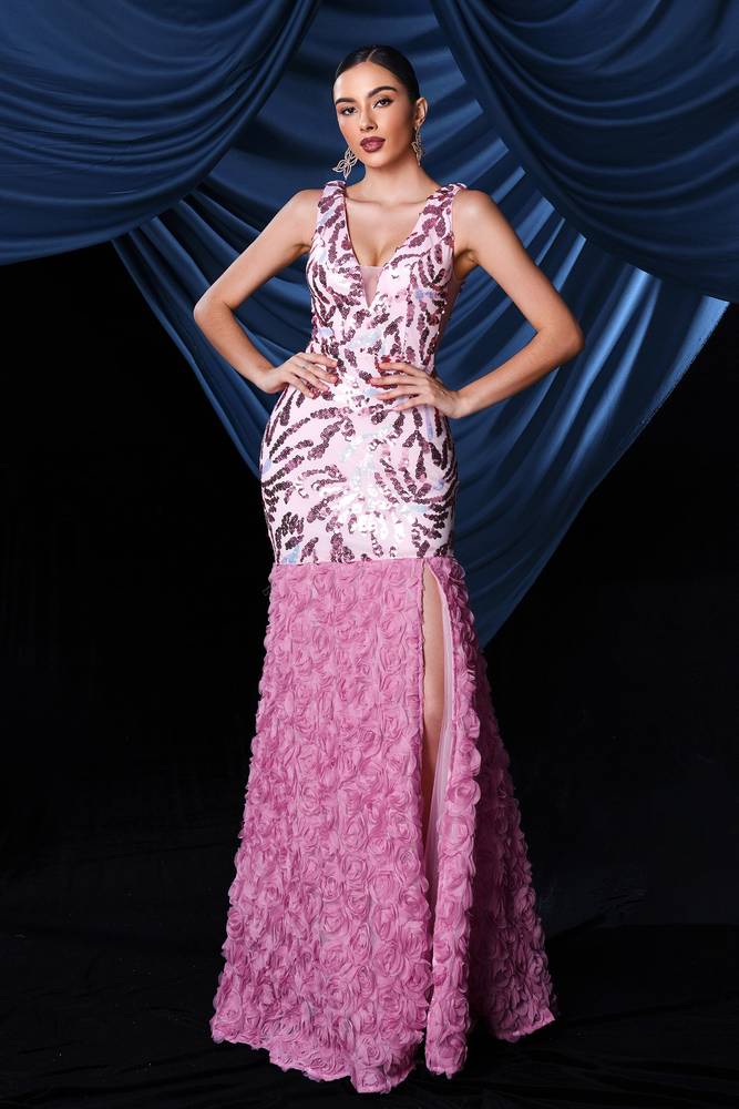 Floor-Length V-Neck Mermaid Sequin Prom Evening Dresses with Slit