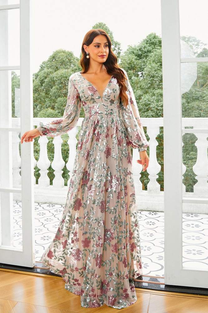 A-Line Sequin V-Neck Floral Evening Dresses with Long Sleeves