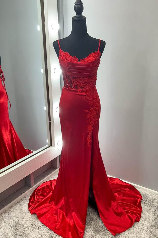 Red Spaghetti Straps Mermaid Long Satin Prom Dresses Appliques with Slit