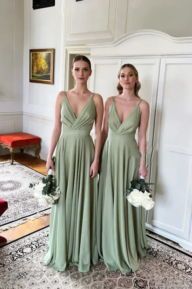 Dusty Sage V-Neck A-Line Chiffon Bridesmaid Dresses