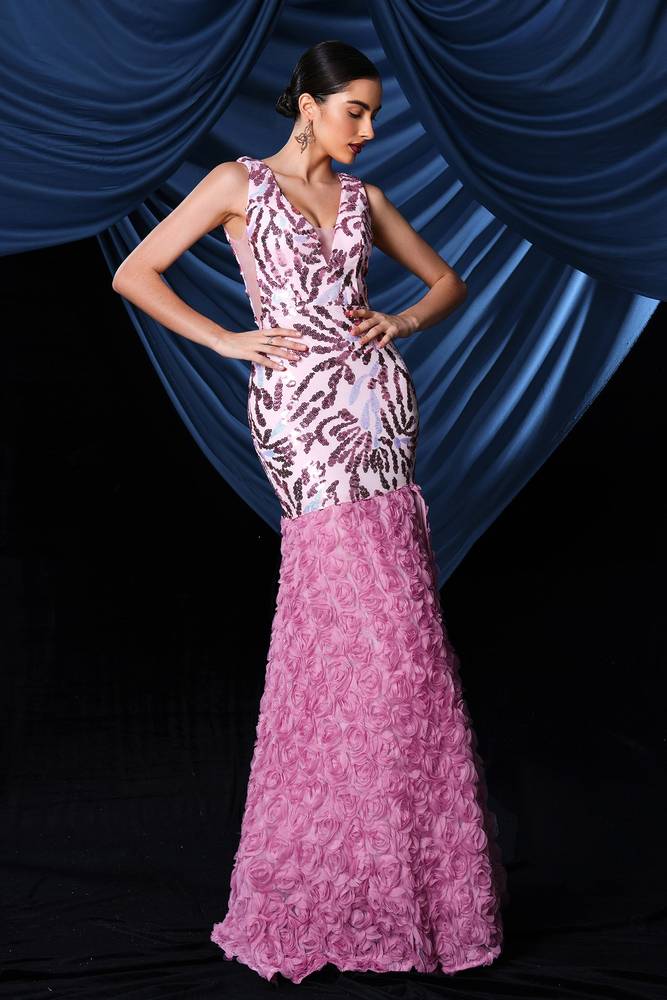 Floor-Length V-Neck Mermaid Sequin Prom Evening Dresses with Slit