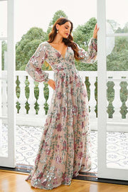 A-Line Sequin V-Neck Floral Evening Dresses with Long Sleeves