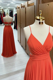 Elegant Floor-Length V-Neck Spaghetti Straps Sleeveless A-Line Chiffon Prom Dresses