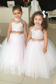 Halter Two-Piece A-Line Tulle Flower Girl Dresses with Appliques