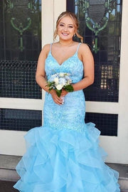 Blue Sexy Tiered Spaghetti Straps Mermaid Sequined Prom Dresses