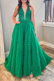 Emerald Tiered V-Neck A-Line Tulle Prom Dresses with Slit