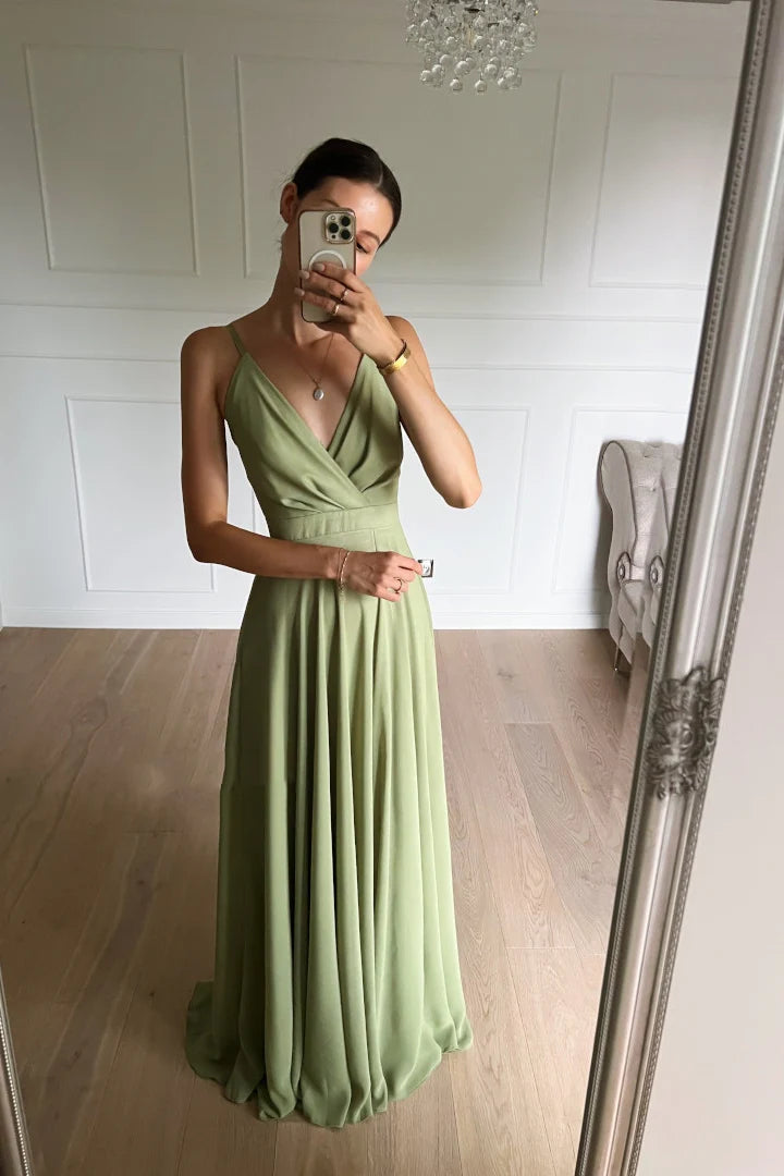 Dusty Sage V-Neck A-Line Chiffon Bridesmaid Dresses