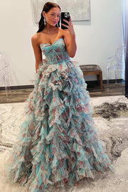 Floral Strapless A-Line Tiered Court Train Prom Dresses