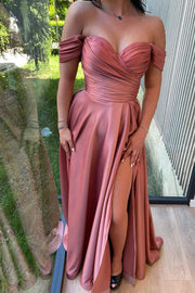 Charming Off-The-Shoulder Sweetheart Satin A-Line Prom Dresses with Slit