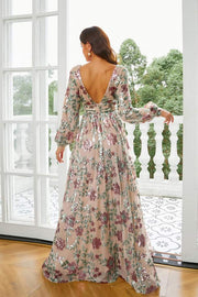 A-Line Sequin V-Neck Floral Evening Dresses with Long Sleeves