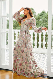 A-Line Sequin V-Neck Floral Evening Dresses with Long Sleeves