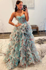 Floral Strapless A-Line Tiered Court Train Prom Dresses