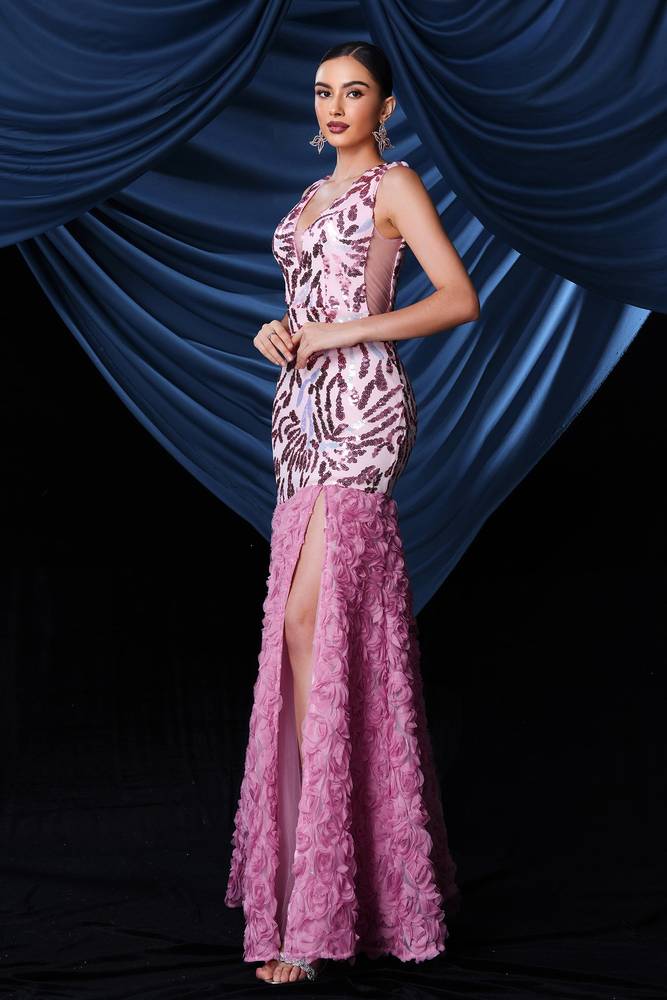 Floor-Length V-Neck Mermaid Sequin Prom Evening Dresses with Slit