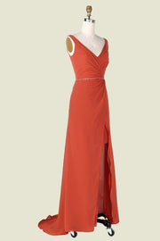 Stunning Sleeveless V-Neck A-Line Long Bridesmaid Dresses with Slit