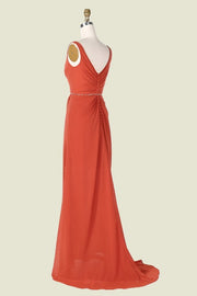 Stunning Sleeveless V-Neck A-Line Long Bridesmaid Dresses with Slit