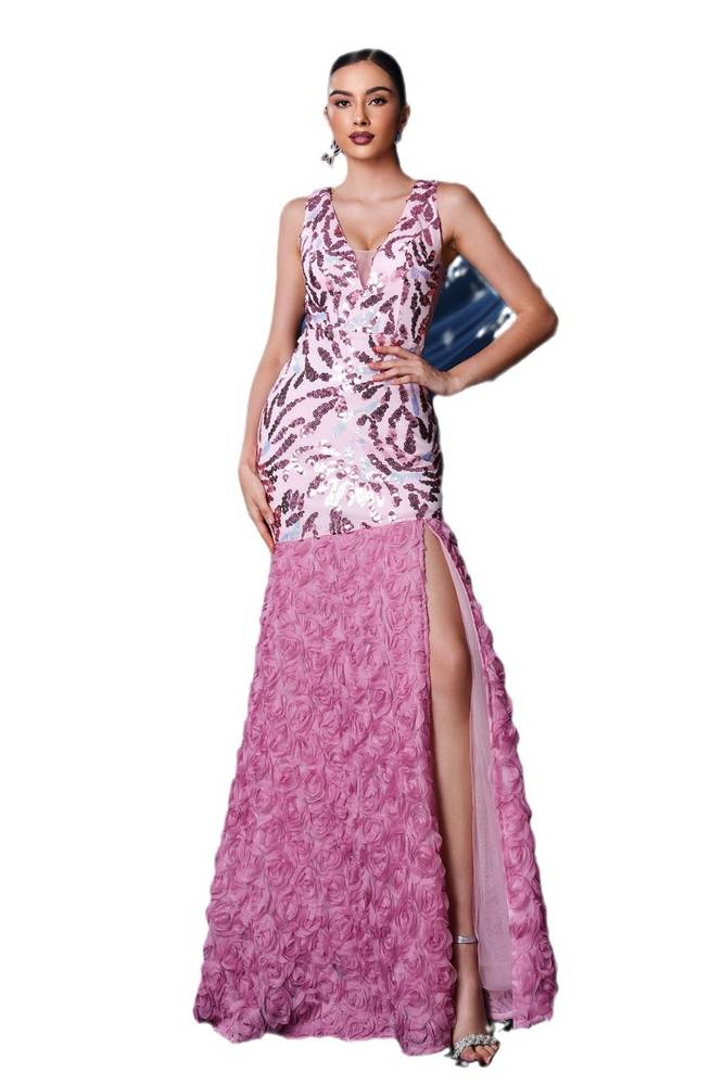 Floor-Length V-Neck Mermaid Sequin Prom Evening Dresses with Slit