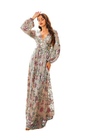 A-Line Sequin V-Neck Floral Evening Dresses with Long Sleeves