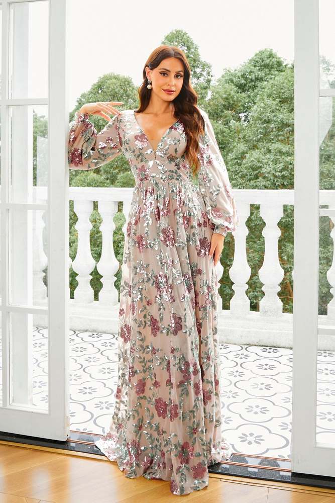 A-Line Sequin V-Neck Floral Evening Dresses with Long Sleeves