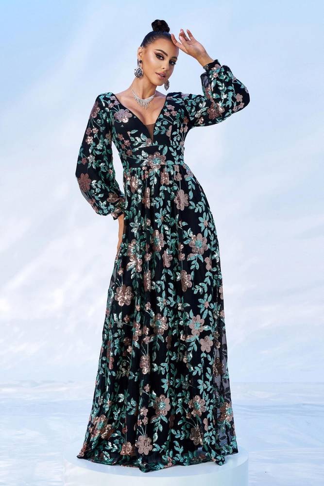 A-Line Sequin V-Neck Floral Evening Dresses with Long Sleeves