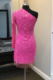 Fuchsia One-Shoulder Long Sleeves Sequined Tight Homecoming Dresses with Slit