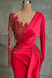 Red Beaded Mermaid Long Sleeves Satin Prom Dresses