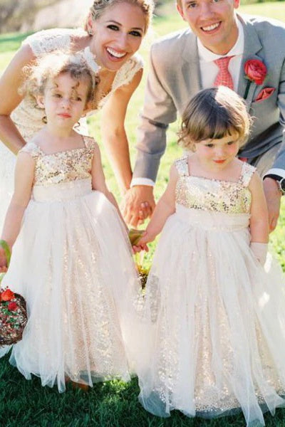 Gold Sequined Square Neck A-Line Tulle Flower Girl Dresses