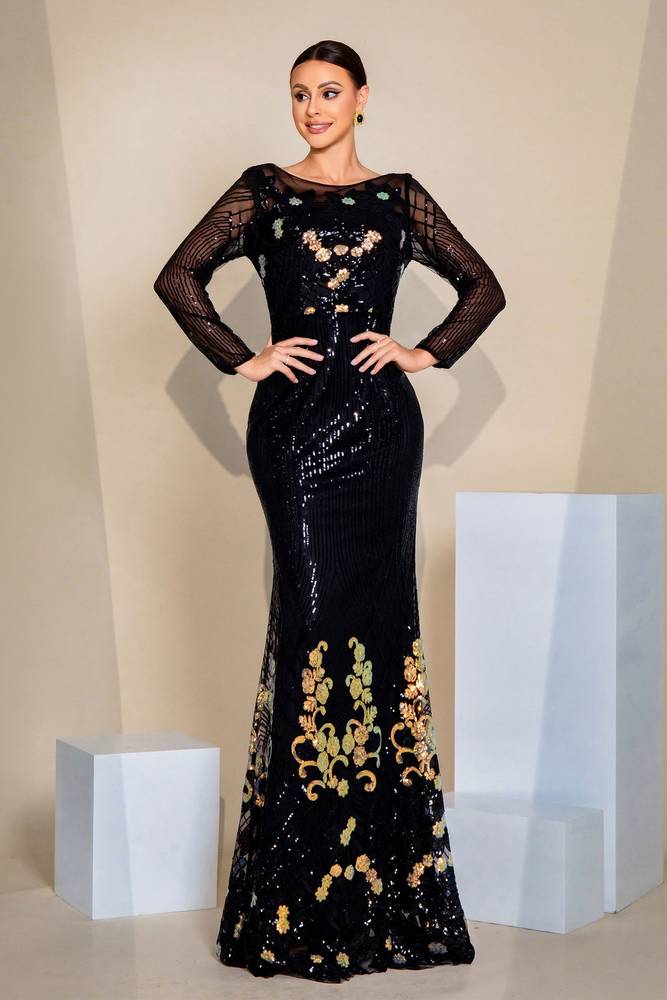 Black Sequined Floor-Length Mermaid Evening Dresses with Long Sleeves