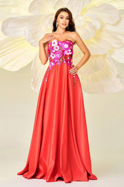 Strapless A-Line Satin Floral Evening Dresses with Appliques