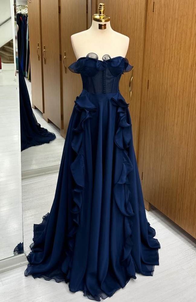 Dark Navy Tulle Strapless A-Line Long Prom Dresses with Sweep Train