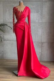 Red Beaded Mermaid Long Sleeves Satin Prom Dresses