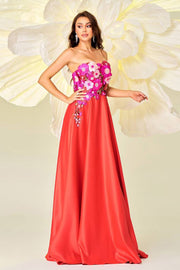 Strapless A-Line Satin Floral Evening Dresses with Appliques