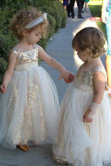 Gold Sequined Square Neck A-Line Tulle Flower Girl Dresses