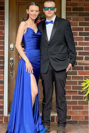 Royal Blue Split Front V-Neck Strapless Mermaid Prom Dresses