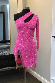 Fuchsia One-Shoulder Long Sleeves Sequined Tight Homecoming Dresses with Slit