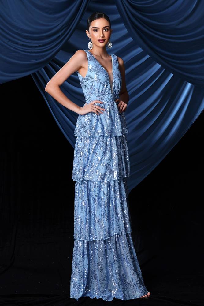 Blue Deep V-Neck A-Line Sequin Prom Evening Dresses with Riuffles