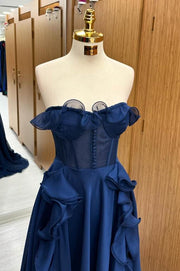 Dark Navy Tulle Strapless A-Line Long Prom Dresses with Sweep Train