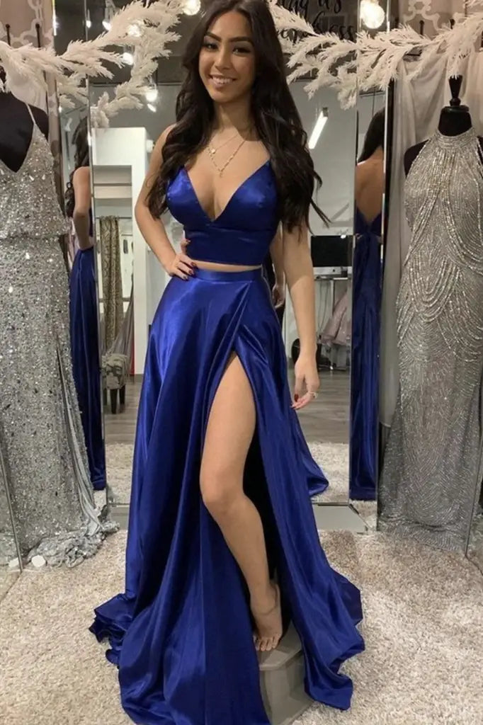 Royal Blue Two-Piece V-Neck A-Line Satin Formal Dresses with Slit