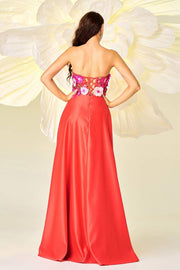 Strapless A-Line Satin Floral Evening Dresses with Appliques