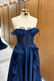 Dark Navy Tulle Strapless A-Line Long Prom Dresses with Sweep Train