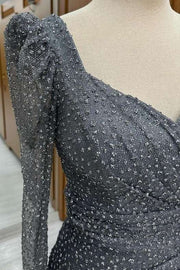 Beautiful V-Neck Long Sleeves Sequined Mermaid Prom Dresses with Slit