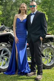 Royal Blue Split Front V-Neck Strapless Mermaid Prom Dresses