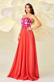 Strapless A-Line Satin Floral Evening Dresses with Appliques