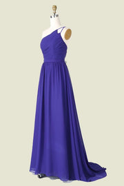 Royal Blue One-Shoulder Sleeveless A-Line Chiffon Long Bridesmaid Dresses